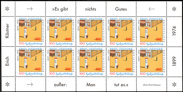 Briefmarkenblock zum 100. Geburtstag von Erich Kstner