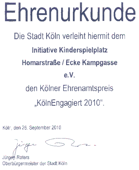 EHRENURKUNDE - Der Kölner Ehrenamtspreis "KölnEngagiert 2010"