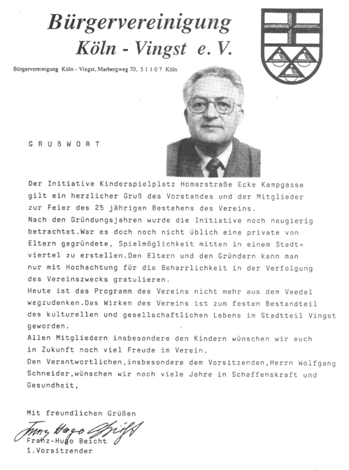 Bild: "Grusswort der Bürgervereinigung Köln-Vingst von Franz-Hogo Beicht"
