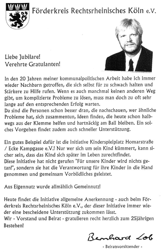 Grusswort zum 25-jährigen Jubiläum der Initiative vom Förderkreis Rechtsrheinisch Köln e.V. 