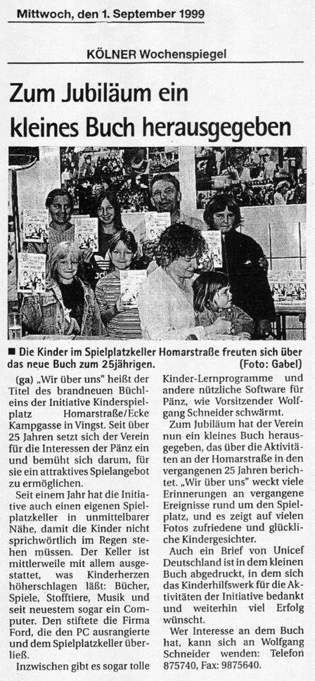 Artikel aus dem Kölner Wochenspiegel zum 25-jähriges Bestehen der Initiative Festschrift - Ein kleines Buch